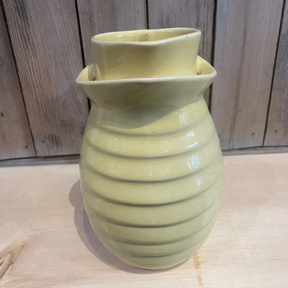 VTG MCM Ringware Yellow Ceramic‎ Ribbed Pitcher Jug Flower Frog Spout Unique 9